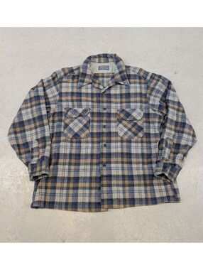 Vintage 80s Pendleton Blue Orange Wool Loop Collar Shirt